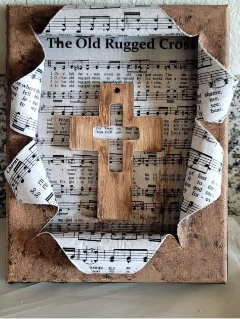 Exploding Canvas, Broken Canvas, Musical Crafts, Hymnal Crafts, Busted Canvas, Diy Christmas Canvas, Vintage Upcycle, Upcycle Diy, Old Rugged Cross