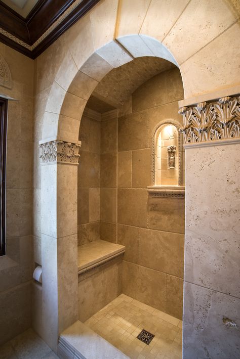 Roman Bathroom Ideas, Bathroom Remodel Stone, Roman Style Bathroom, Castle Bathroom, Medieval Bathroom, Mediterranean Shower, Italy Homes Interior, Medieval Style Bathroom, Roman Bath House Bathroom