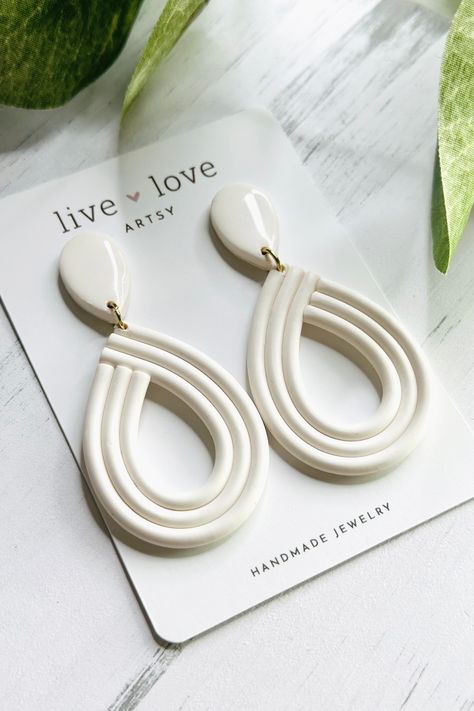 Elegant White Dangle Earrings | Polymer Clay Earrings | 18k Gold Plated or Stainless Steel Posts Elegant Polymer Clay Jewelry, Earrings White, Polymer Clay Earrings Elegant, Cool Polymer Clay Earrings, Fancy Clay Earrings, Clay Ideas Earrings, Classy Clay Earrings, Polymer Clay Dangle Earrings, Polymer Clay Earring Tutorial