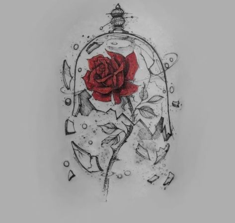 Rose In Glass Tattoo, Beauty And The Beast Tattoo Stencil, Hearts And Roses Drawing, Beauty And The Beast Tattoo Ideas, Beauty And The Beast Flower Drawing, Beauty And The Beast Drawings, Enchanted Rose Tattoo, Beauty And The Beast Rose Drawing, Beauty And The Beast Tattoos