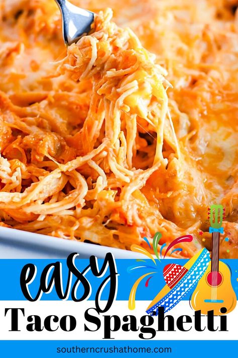 Weeknight Chicken Taco Spaghetti Recipe Chicken Taco Spaghetti, Taco Spaghetti Casserole, Taco Spaghetti Recipe, Weeknight Chicken, Taco Spaghetti, Shredded Chicken Tacos, Spaghetti Casserole, Chicken Taco, Spaghetti Recipe