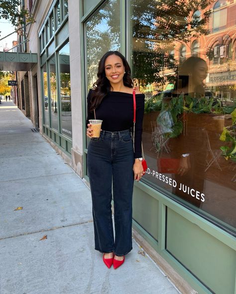 I heard pops of red are in and, my Target jeans needed a permanent spot on my feed! 😊 Comment RED to receive a DM with the link to full outfit details on my LTK ⬇ https://liketk.it/4TQS3 #fallfits #redheels #redaccessories #targetstyle #vicidolls #brunchfit #annarbor #michigan Red Heels And Jeans Outfit, Red Flats Outfit, Red Jeans Outfit, Red Heels Outfit, Red Bag Outfit, Off The Shoulder Black Top, Kitten Heels Outfit, Black Heels Outfit, Red Kitten Heels