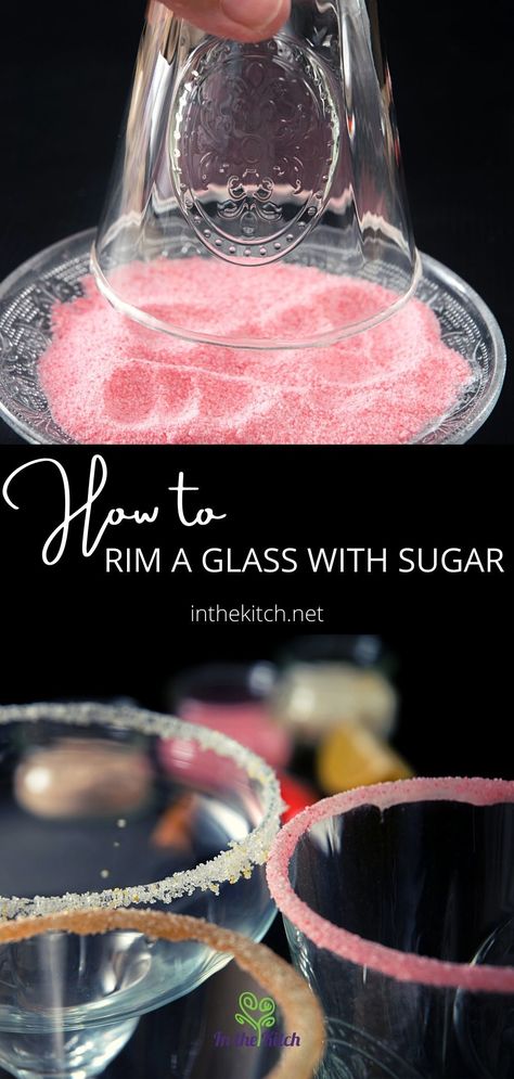 Glasses For Alcoholic Drinks, Glass Rimmer Recipes, How To Rim A Glass With Sprinkles, Glass Rim Ideas, Cocktail Sugar Rim, How To Rim Glasses With Sugar, Sugar Rimmed Cocktails, Drink Rim Ideas, Sugar Rimmed Glasses Diy