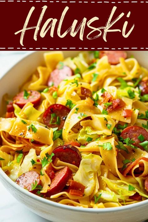 Haluski is a classic Polish dish with a mix of buttery egg noodles, fried cabbage, and kielbasa with lots of butter. Fried Cabbage And Kielbasa, Cabbage And Kielbasa, Haluski Recipe, Kielbasa And Cabbage, Cabbage And Noodles, Honey Garlic Pork Chops, Kielbasa Recipes, Easy Pasta Dishes, Homemade Noodles