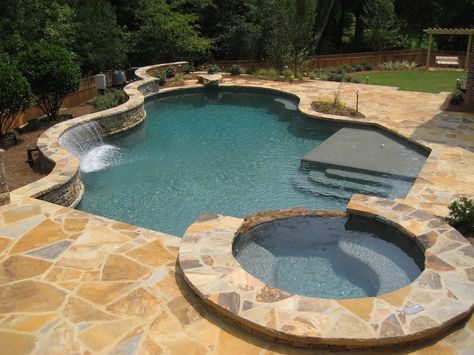 Kidney Shaped Pool Ideas With Hot Tub, Roman Shaped Inground Pool, Flagstone Pool, Custom Inground Pool With Swim Up Bar, Pool Colors Inground Gunite, Kidney Pool With Hot Tub, Simple Pool, Geometric Pool, Swimming Pool Photos