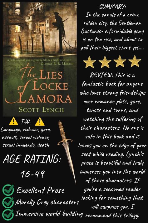 The Lies of Locke Lamora- Review Lock Lamora, The Lies Of Locke Lamora, Locke Lamora, Book Recs, Book Ideas, Book Reviews, Book Review, Reading, Books