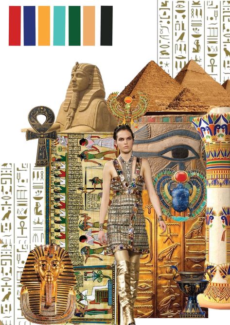 Fashion Design Inspiration Board, Mood Board Fashion Inspiration, Ancient Egypt Fashion, Fashion Portfolio Layout, Textiles Sketchbook, Egyptian Fashion, Egypt Fashion, Fashion Illustration Collage, Ancient Egypt Art