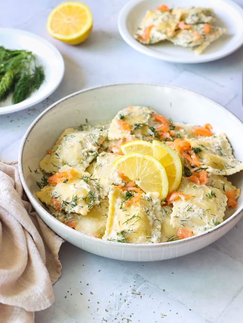 Smoked Salmon Ravioli, Salmon And Ravioli Recipes, Salmon Ravioli Recipes, Salmon Ravioli, Four Cheese Ravioli, Salmon Dill, Lemon Cream Sauce, Pesto Spinach, Main Recipes