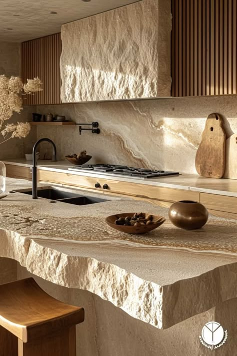 Kitchen In Stone House, House Trends 2024, Kitchen Stone Countertops, Kitchen Island Stone, Outdated Cabinets, Modern Tuscan Kitchen, Kitchen Interior Design Modern Luxury, Wabi Sabi Kitchen, Tuscan Furniture