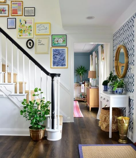 Maximalist Gallery Wall Stairs, Stairway Gallery, Stairway Gallery Wall, Disney House, Progress Photos, Hallway Ideas, Yard Design, Entry Hall, Disney Home