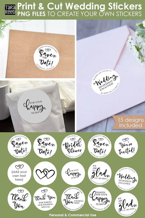 Make DIY Wedding Stickers with Cricut, Silhouette or your home printer for all the key events: save the date, bridal shower, invitations, thank you notes and even happy tears tissues. Set of 15 Sticker designs - instant download. Cricut Wedding Magnet, Diy Save The Date Ideas For Weddings Cricut, Circuit Save The Date, Save The Date Magnets Diy Cricut, Diy Wedding Name Place Cards, Cricut Wedding Favor Tags, Diy Wedding Welcome Sign, Diy Wedding On A Budget, Diy Wedding Gifts