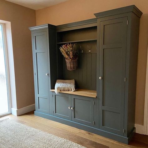 Delivered today BootRoom with Cupboards finished in Downpipe. Massive thanks to @sampson_cottage for this amazing picture. Enjoy your weekend Boot Room Bench, Boot Room Storage, Oak Floating Shelves, Coat Storage, Room Bench, Utility Shelves, Cupboard Shelves, How To Store Shoes, Shaker Style Doors