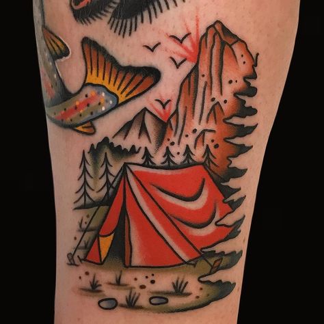 Tattoo by Alex Zampirri Tent Tattoo, Heart And Soul Tattoo, Camping Tattoo, Optical Illusion Tattoo, Western Tattoos, Ghost Tattoo, Traditional Tattoo Sleeve, Forest Tattoos, Old School Tattoo Designs