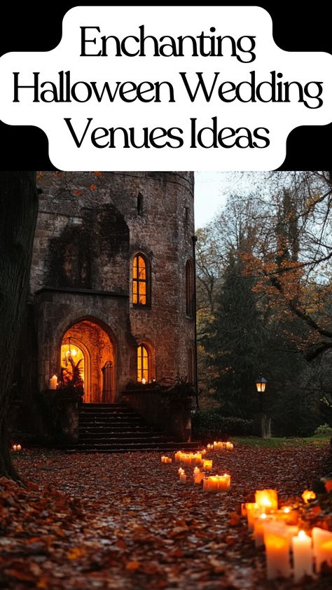 An eerie castle lit by candles with autumn leaves scattered around, setting the perfect spooky and romantic atmosphere for a Halloween wedding celebration. Spooky Wedding Aesthetic, Romantic Goth Wedding, Small Simple Wedding, Halloween Wedding Reception, Dark Romantic Wedding, Dark Romantic, Romantic Goth, Goth Wedding, Colorado Wedding Venues