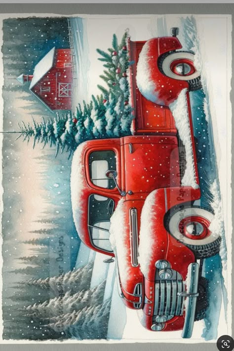 Red Truck Printable Free, Red Truck Christmas Cards, Christmas Pics Ideas, Colored Pencil Projects, Art Christmas Cards, Barn Wood Ideas, Red Truck Decor, Painted Christmas Cards, Rustic Painting