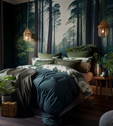 Forest Inspired Bedroom, Forest Bedroom Ideas, Forest Themed Bedroom, Bedroom Aesthetic Cozy, Nature Inspired Bedroom, Woodland Bedroom, Cozy Forest, Forest Bedroom, Jungle Bedroom