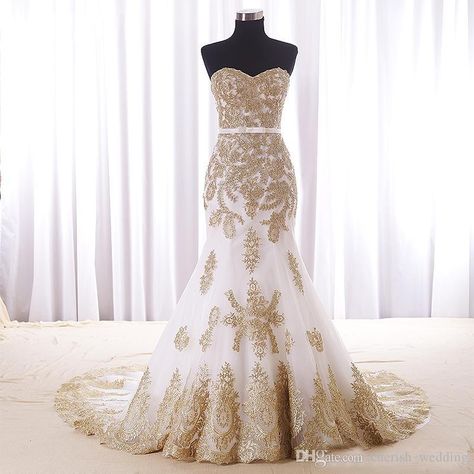 Mermaid White And Gold Wedding Dress Cheap Real Photos Sweetheart Sweep Train Applique Lace With Sash Bridal Gown Robe De Mariée Latest Wedding Dresses 2015 Mermaid Style Wedding Gowns From Cherish_wedding, $158.8| Dhgate.Com White And Gold Wedding Dress, White Prom Dress Long, Gold And White Wedding, White And Gold Wedding, Evening Dress Long, Gold Wedding Dress, Bridal Dresses Lace, Lace Mermaid, Wedding Dresses Strapless