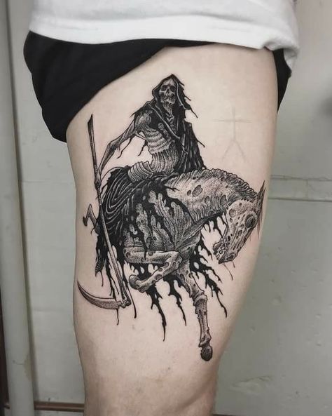 The Pale Horse, Horse Tattoo Design, Pale Horse, Scary Tattoos, Skeleton Tattoos, Gustave Dore, Horror Tattoo, Horse Tattoo, Dark Tattoo