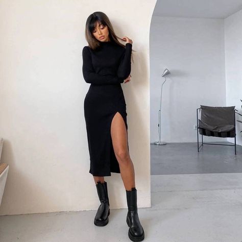 Dress For New Year, Streetwear Plus Size, Black Dress Long, Midi Dress Fall, Floral Print Dress Long, Knitted Long Sleeve, Neck Women, New Year 2022, Dress Autumn