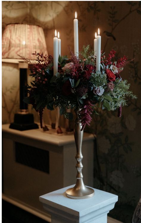 Poinsettia Display, Ghillie Dhu, December Elopement, Candleabra Wedding, Burgundy Candles, Christmas Centre Pieces, Merry Crisis, Christmas Candelabra, Christmas Wedding Flowers