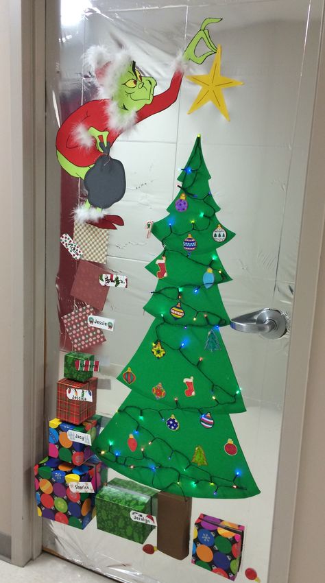 Christmas Door Grinch Decorations, Christmas Door Preschool Decorations, Grinch Door Contest, Grinch Doors, Diy Grinch Door Decorations, Diy Christmas Door Decorations Office, Cindy Lou Who Door Decoration, Preschool Christmas Door Ideas Grinch, Classroom Grinch Decorations