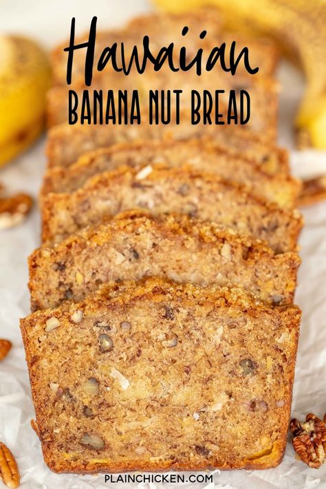 Hawaiian Banana Nut Bread - loaded with pineapple and coconut. Seriously delicious! Can make in advance and freeze for later. Mashed bananas, eggs, oil, vanilla, coconut extract, crushed pineapple, flour, sugar, baking soda, salt, cinnamon, pecans, and coconut. Top the bread with turbinado sugar for a nice crunch. Great for breakfast, brunch, afternoon snack, and holiday gifts! #bread #quickbread #bananabread #breakfast Hawaiian Banana Bread Recipe, Hawaiian Banana Bread, Banana Nut Bread Recipe, Nut Bread Recipe, Coconut Extract, Pineapple And Coconut, Cinnamon Swirl Bread, Cinnamon Pecans, Blueberry Bread