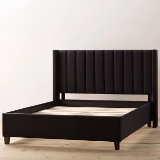 Black Headboard Bedroom, Black Upholstered Bed, Black King Bed, Statement Headboard, Black Bed Frame, Wingback Bed, Bed Black, Black Headboard, Wingback Headboard