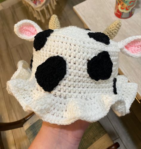 Crochet Cow Bucket Hat, Cow Bucket Hat, Cow Hat, Funny Ferrets, Strawberry Cow, Crochet Strawberry, Crochet Cow, Crochet Bucket Hat, Fun Crochet Projects