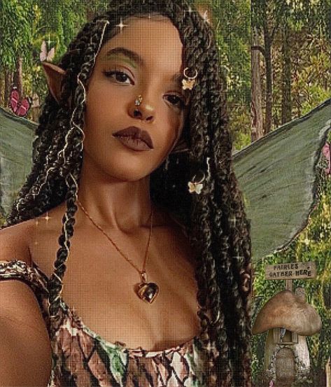 black girl in a fairy cosplay Fairy Hair Ideas, Gothic Fairy Aesthetic, Fairycore Edit, Black Fairy Aesthetic, Elf Core, Black Fairies, Fairy Hairstyles, Pixie Aesthetic, Black Cottagecore