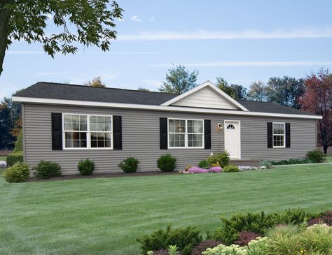 Ranch house with black shutters Gray Ranch House Exterior, Grey Siding House, Vinyl Siding Ideas, Exterior Shutter Colors, Vinyl Siding House, Grey Exterior House Colors, Siding Ideas, Mobile Home Exteriors, Gray House Exterior