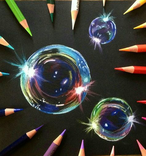 Bubbles in colored pencil Bubble Drawing, Bubble Painting, Pencil Drawing Tutorials, Black Paper Drawing, Seni 3d, Bubble Art, Soap Bubbles, Coloured Pencils, Paper Drawing