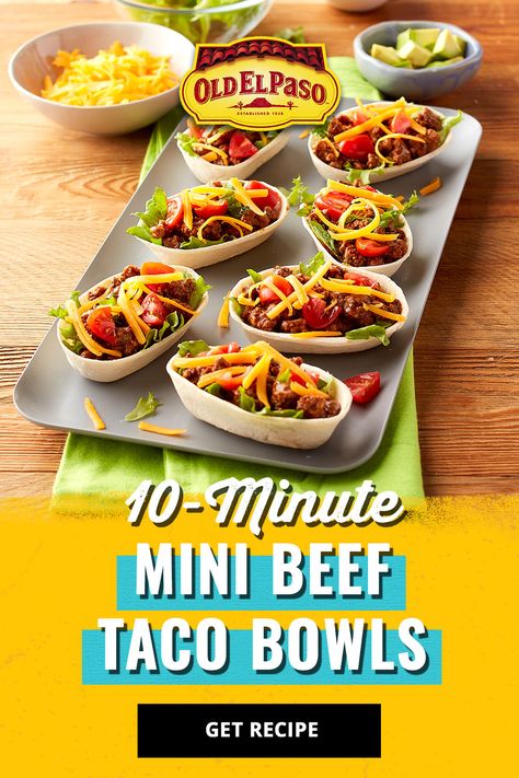 Beef Taco Bowls, Tortilla Bowls Recipes, Taco Bowl Recipe, Taco Time, Beef Taco, Taco Bowls, Delicious Appetizer Recipes, Soft Tacos, Simple Dinner