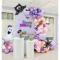 Girls Halloween Birthday Party, Happy Booday, Purple Balloon Arch, Spooky Balloons, Halloween First Birthday, Halloween 1st Birthdays, Halloween Party Balloons, Halloween Fest, Orange Balloons