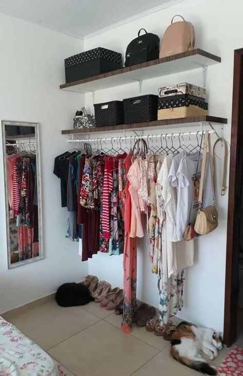 Small Clothing Room Ideas, Shelving In Bedroom Wall, Room Ideas With No Closet, Ideas For A Room With No Closet, Closet Replacement Ideas, No Closet Room Ideas, Bedroom No Closet Ideas, Clothing Rack Ideas Bedroom, Room With No Closet Ideas