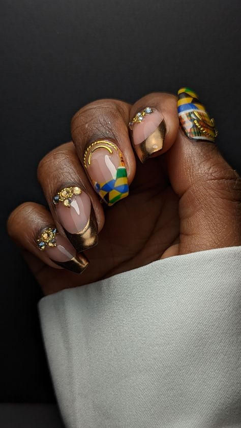 African Design Nails, Black Power Nails, Kente Nails, Trendy Summer Nails 2024 Almond Short, Afrocentric Nail Designs, Afro Nail Art, Hbcu Nails, Ghana Nails, African Nail Art Design