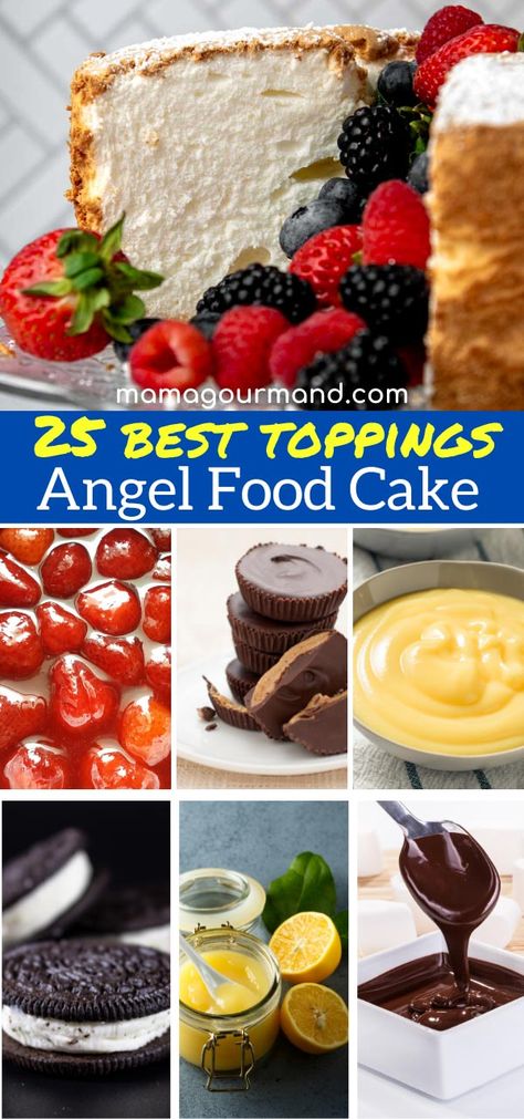 Holiday Angel Food Cake, Angel Food Cake Icing Glaze, Angel Food Cake Toppings Frostings, Angel Food Frosting Recipe, Angel Food Toppings, Birthday Alternatives To Cake, Angel Food Cake Glaze Recipes, Angel Food Cake With Icing, Angel Food Cake Frosting Easy