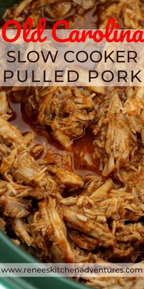 Old Carolina (copycat) Slow Cooker Pulled Pork by Renee's Kitchen Adventures. This Old Carolina BBQ Copycat slow cooker pulled pork is so easy and tasty, it may just become your new go-to pulled pork recipe! #RKArecipes #slowcookerpulledpork #pulledpork #oldcarolinapulledporkrecipe Slow Cooker Pulled Pork Sandwiches, Carolina Pulled Pork, Bbq Pulled Pork Slow Cooker, Bbq Pork Recipes, Crock Pot Pulled Pork Recipe, Pork Crockpot Recipes, Slow Cooker Recipes Pork, Pulled Pork Recipe, Crockpot Pulled Pork