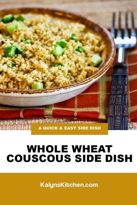 Whole Wheat Couscous is a perfect side dish option that's loaded with flavor from cooking in broth and adding green onions and Parmesan! And if you switch use vegetable broth, this is easy to make into a meatless dish! [found on kalynskitchen.com] #Couscous #CouscousSideDish #SideDishRecipe Whole Wheat Couscous, Quick Easy Side Dishes, Low Glycemic Foods, Couscous Recipes, Meatless Main Dishes, Low Glycemic, Low Carb Recipes Dessert, Favorite Side Dish, Jambalaya