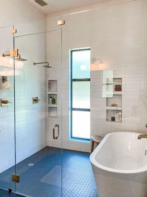 Scandinavian Modern Farmhouse Home Tour with The Little Bird - Wet Room Bathroom - Bathtub in Shower - Black Hex Tile in Shower - Subway Tile Walls Wet Room Design, Navy Accent Walls, Wet Room Bathroom, Japanese Bathroom, Modern Farmhouse Home, Glass Shower Enclosures, Open Concept Floor Plans, Wet Room, Bathroom Design Inspiration