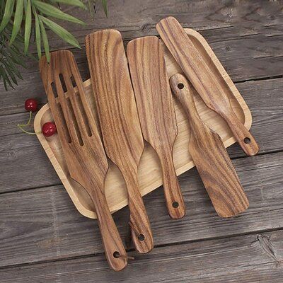 VARIETY OF SIZES- Wooden kitchen utensils have 5 different sizes to meet almost all your cooking needs: 13.8 inch slotted Spurtle, 13.8 inch Spurtle, 11.4 inch Spurtle , 10.1 inch Slim Spurtle and 9 inch Mini Spurtle. We also send a storage bag and have 5 matching hooks for your storage. | Zntellectual en Cooking Utensils Spurtle Set, 5 Pcs Natural Teak Kitchen Utensil Set Heat Resistant Non Stick Cookware w/ Hanging Hole | ZTEL2702 | Wayfair Canada Teak Kitchen, Wooden Kitchenware, Wooden Cooking Utensils, Wooden Cutlery, Wooden Kitchen Utensils, Spatula Set, Kitchen Utensil Set, Wooden Design, Wooden Plates