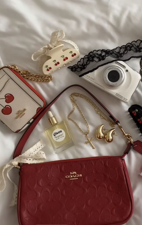 Girly Red Aesthetic, Red Purse Aesthetic, Red Girly Aesthetic, Coach Bags Aesthetic, Red Bag Aesthetic, Coach Bag Aesthetic, Tote Essentials, Purses Aesthetic, Coach Aesthetic