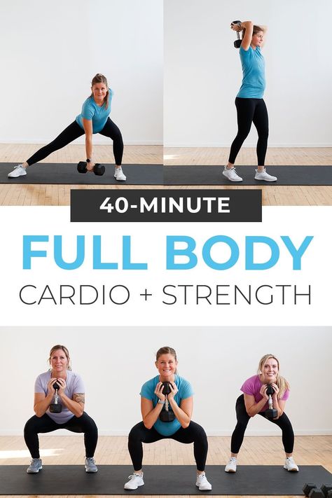 If you want an effective full body workout that builds muscle and burns fat; do this 35-minute cardio and strength training workout at home! Pairing dumbbell strength circuits with cardio Tabata intervals for a total body burn. Start with 2-3 dumbbell strength exercises to build muscle. Then test your cardio endurance with quick bursts of Tabata HIIT training. The best combination of cardio and weight training in one effective, full body workout! Total Body Burn Workout, Hiit Workouts At Home For Seniors, Full Body Strength And Cardio Workout, Cardio Strength Circuit, 35 Minute Full Body Workout, Full Body Strength Hiit Workout, Cardio Workout With Weights, Weighted Cardio Workout, Best Full Body Workout At Home