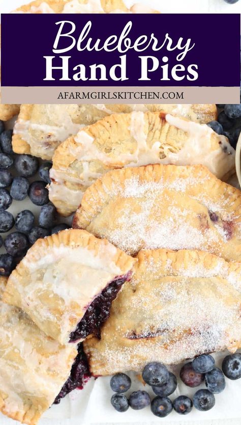 Blueberry hand pies on white marble with one pie cut in half, fresh blueberries around. Selling Desserts, Fried Apple Hand Pies, Blueberry Hand Pies, Blueberry Pie Recipe, Homemade Blueberry Pie, Blueberry Filling, Fried Apple Pies, Fried Apple, Southern Potato Salad