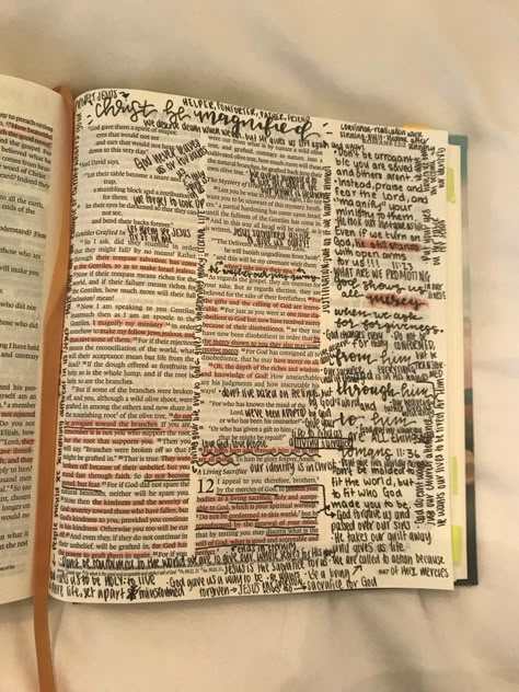 Messy Bible, Bible Annotations, Romans Bible Study, Romans Bible, Bible Highlighting, Bible Journaling Ideas Drawings, Bible Journal Notes, Bible Doodling, Inspire Bible Journaling