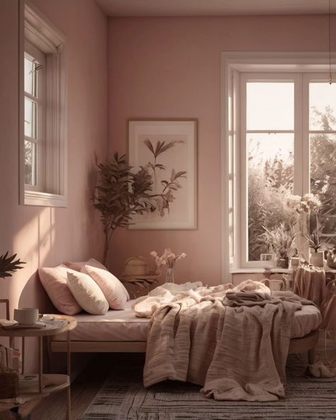 End of the day in pink ✨️🌸 Make your life beautiful, you deserve it 🩷 #aesthetic #homedecor #pink #sunlight #beautiful Record Bedroom, Pale Pink Bedroom Walls, Pale Pink Bedrooms, Light Academia Bedroom, Interiors 2024, 90s Room, Academia Bedroom, Light Pink Walls, Pink Bedroom Walls