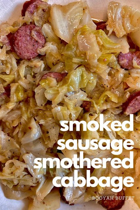 smoked sausage smothered cabbage Smoked Sausage And Cabbage, Cabbage Recipes With Sausage, Smothered Cabbage Recipe, Boil Cabbage Recipe, Smoked Sausage Recipe, Smothered Cabbage, Cabbage And Smoked Sausage, Fried Cabbage Recipe, Cabbage Recipes Southern