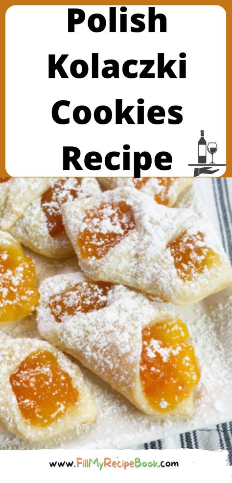 Polish Kolaczki Cookies Recipe. An easy authentic dessert or snack, dough made with cream cheese and butter, filled with apricot jam. Kalochky Cookies, Kolache Recipe Polish, Recipes With Apricot Jam, Kieflies Recipe, Kolachi Cookies, Apricot Jam Cookies, Apricot Cookies Recipe, Kolaczki Cookies Recipe, Kolaczki Cookies