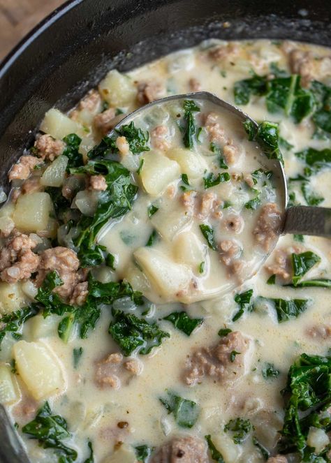 Sausage and Kale Soup Chicken Sausage Kale Soup, Italian Sausage Potatoes, Kale And Potato Soup, Easy Mushroom Soup, Kale Sausage, Sausage And Kale, Sausage And Kale Soup, Pork Sausage Recipes, Sausage Soup Recipes