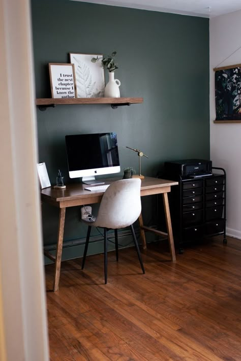 Pinecone Hill Behr, Pinecone Hill Behr Paint, Forest Green Accent Wall, Green Office Walls, Green Home Offices, Office Wall Colors, Green Accent Wall, Office Paint Colors, Green Accent Walls