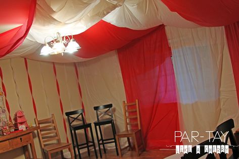 How to make a circus tent with dollar store tablecloths! Plus tons of circus party ideas and free printables. Diy Circus Tent, Circus Party Ideas, Carnival Themed Birthday Party, Carnival Birthday Party Theme, Circus Theme Party, Tent Fabric, Solar Deck Lights, Circus Tent, Birthday Week